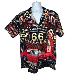 Route 66 Graphic Button-Up Shirt By Hawaiian Apparel M 100% Polyester Black